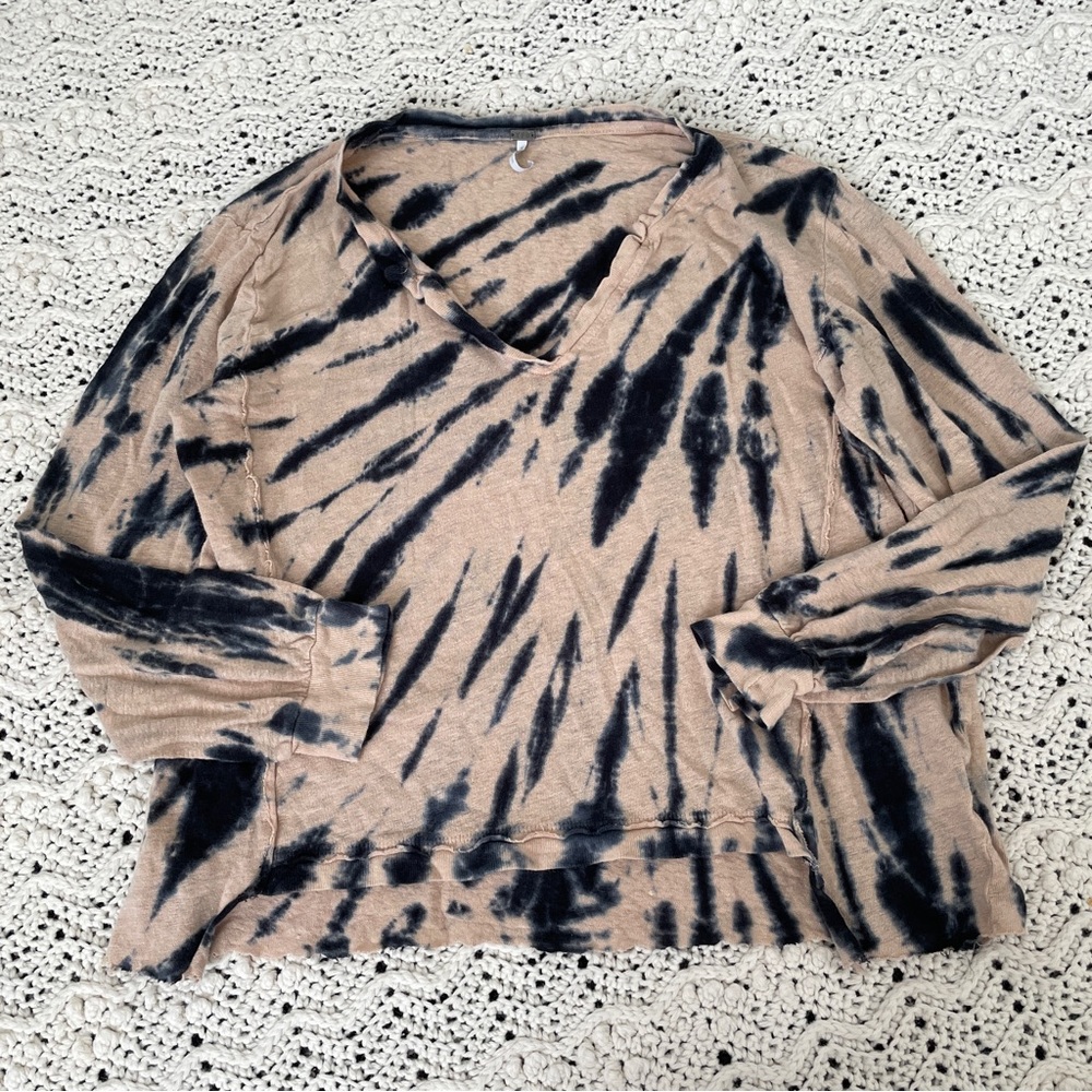 Young Fabulous & Broke YFB 100% Linen Tie Dye Long Sleeve Shirt Tan/Blue (Small)